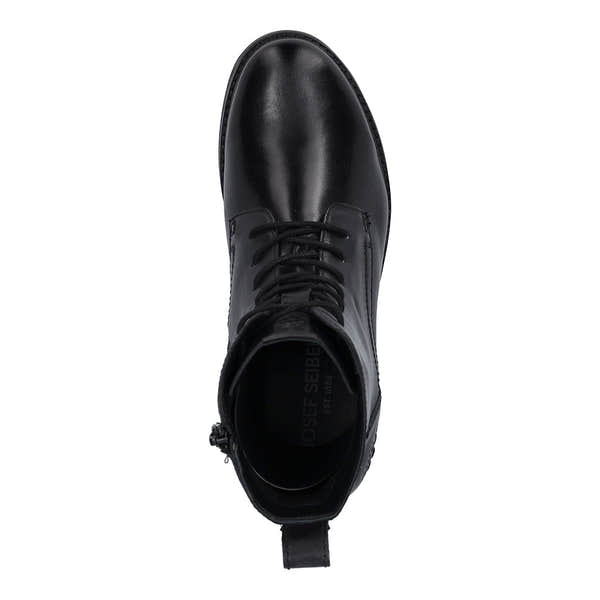 Josef Seibel Kate 50 women's black waterproof leather ankle boots with zip and lace closure, arch support, and rugged sole.
