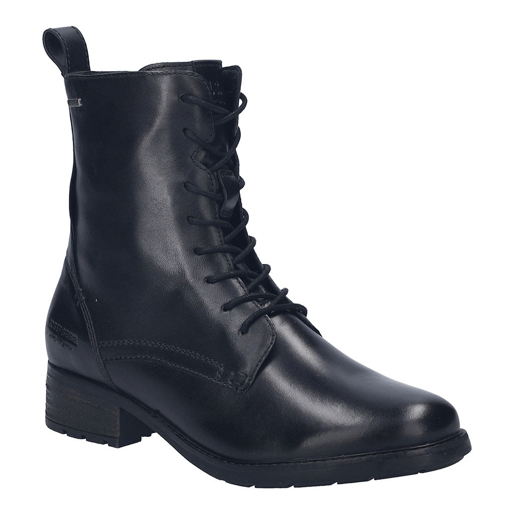 Josef Seibel Kate 50 women's black leather waterproof ankle boots with lace-up, zip closure, arch support, and low heel.