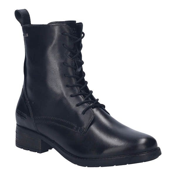 Josef Seibel Kate 50 women's black leather waterproof ankle boots with lace-up, zip closure, arch support, and low heel.