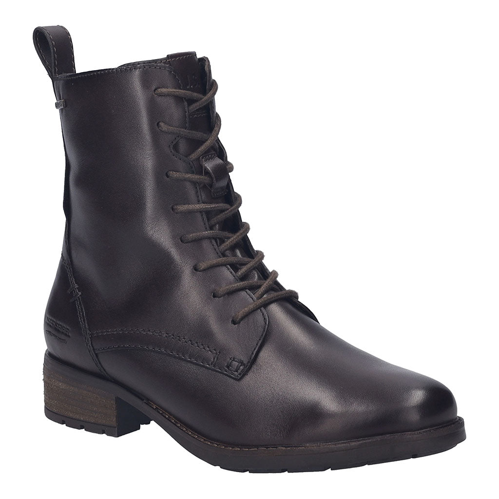 Josef Seibel Kate 50 women’s brown leather waterproof ankle boots with zip and lace closure, arch support, and low block heel.
