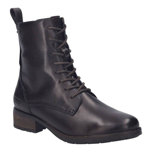 Josef Seibel Kate 50 women’s brown leather waterproof ankle boots with zip and lace closure, arch support, and low block heel.