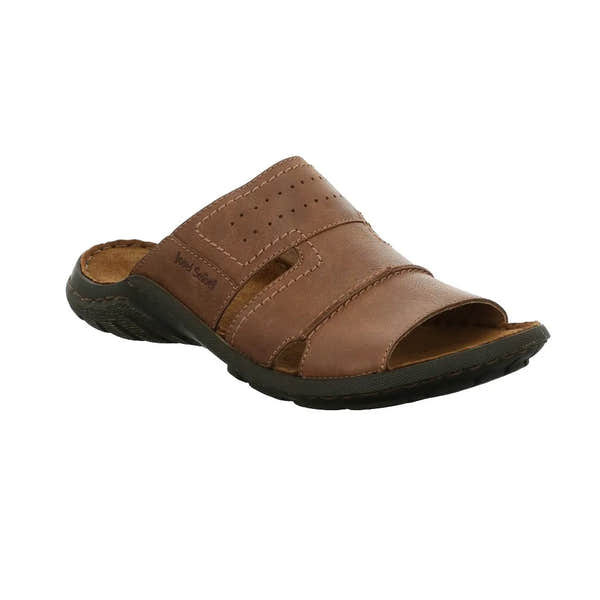 Josef Seibel Logan 38 men's brown leather slip-on mule with arch support, perforated detail, and cushioned sole.