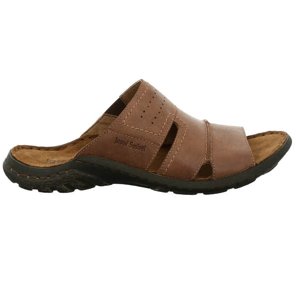 Josef Seibel Logan 38 men's brown leather slip-on mule with arch support and open toe design, cushioned insole, and durable rubber outsole.