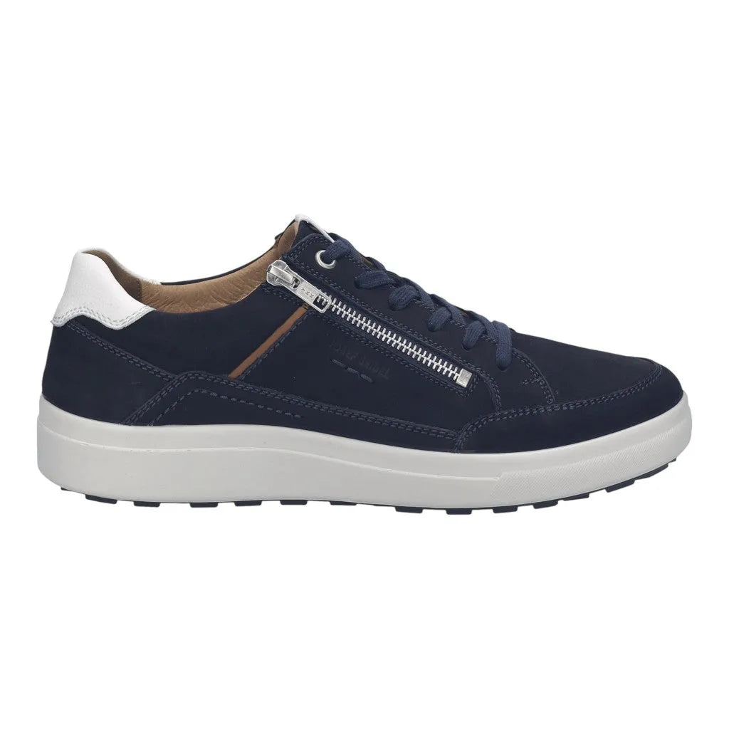 Josef Seibel Maddox 07 men's navy leather lace-up shoes with side zipper and white sole. Casual men's sneakers with stylish design.