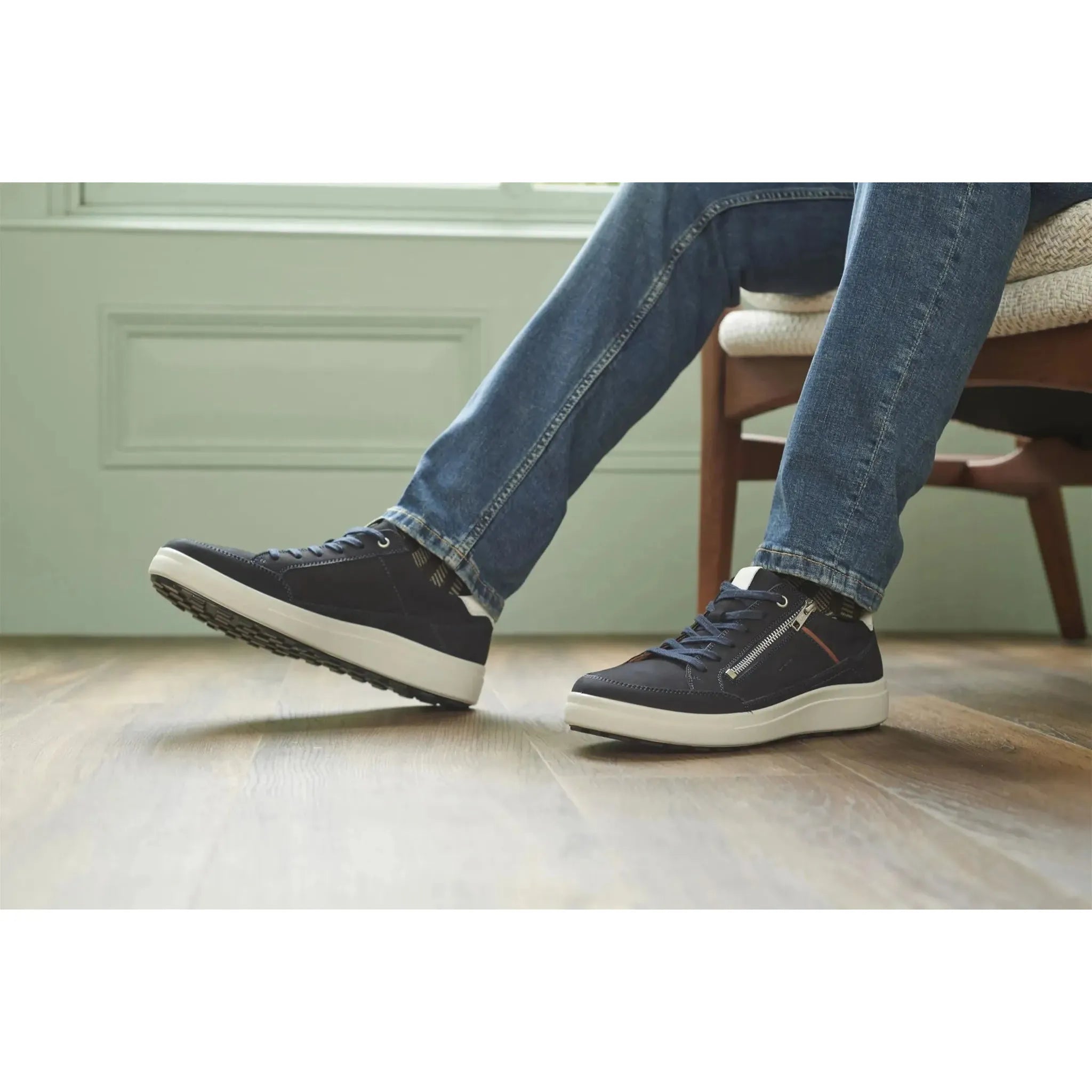 Josef Seibel Maddox 07 men's navy leather lace-up shoes with side zipper and white sole, casual stylish footwear.