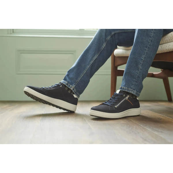Josef Seibel Maddox 07 men's navy leather lace-up shoes with side zipper and white sole, casual stylish footwear.