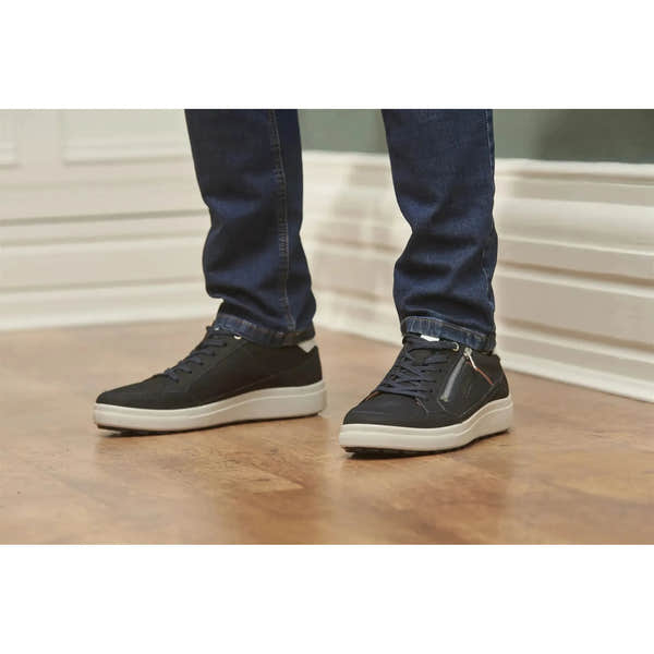 Josef Seibel Maddox 07 men's navy leather lace-up shoes with side zipper, casual sneaker style, white midsoles, and black detailing.