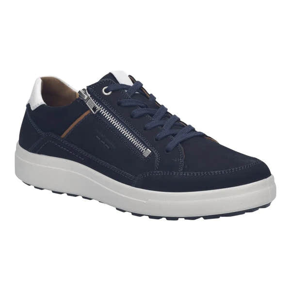 Josef Seibel Maddox 07 men's navy leather lace-up sneaker with side zipper, white midsole, and casual design.