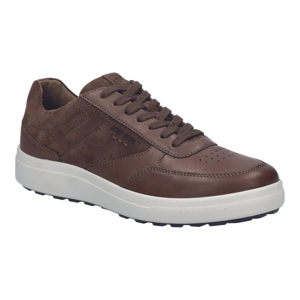 Josef Seibel Maddox 11 men's brown leather lace-up shoes with suede accents and white rubber sole.