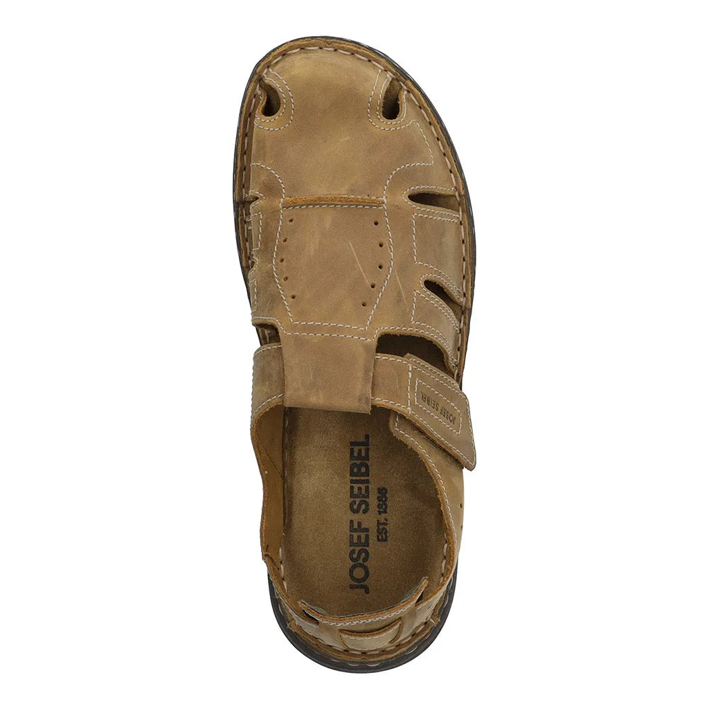 Josef Seibel Maverick 01 men's castagne brown leather arch support sandals with touch fastening straps.