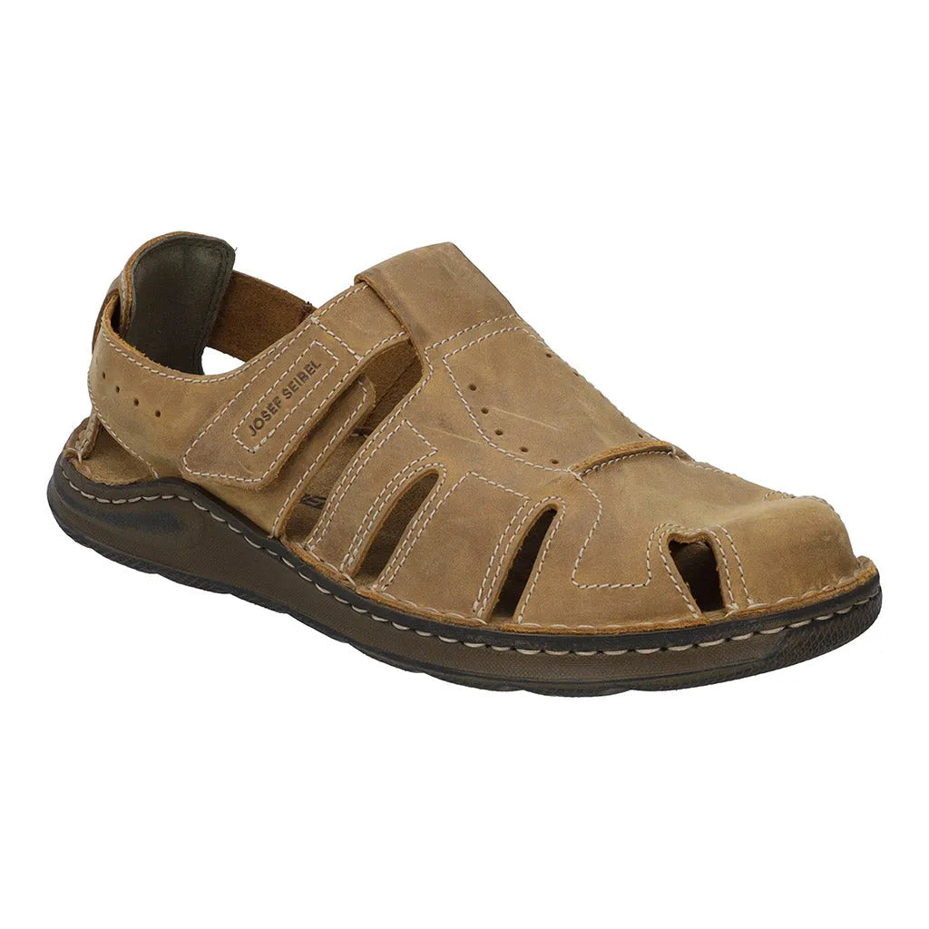 Josef Seibel Maverick 01 men's castagne brown leather sandal with arch support, touch fastening, and open-toe design.