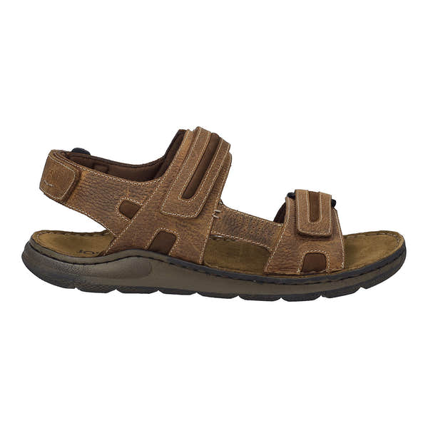 Josef Seibel Maverick 23 men's cognac leather sandals with arch support and touch fastenings on a black rubber sole.