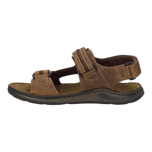 Josef Seibel Maverick 23 men's cognac leather sandal with arch support, touch fasten straps, and cushioned sole.