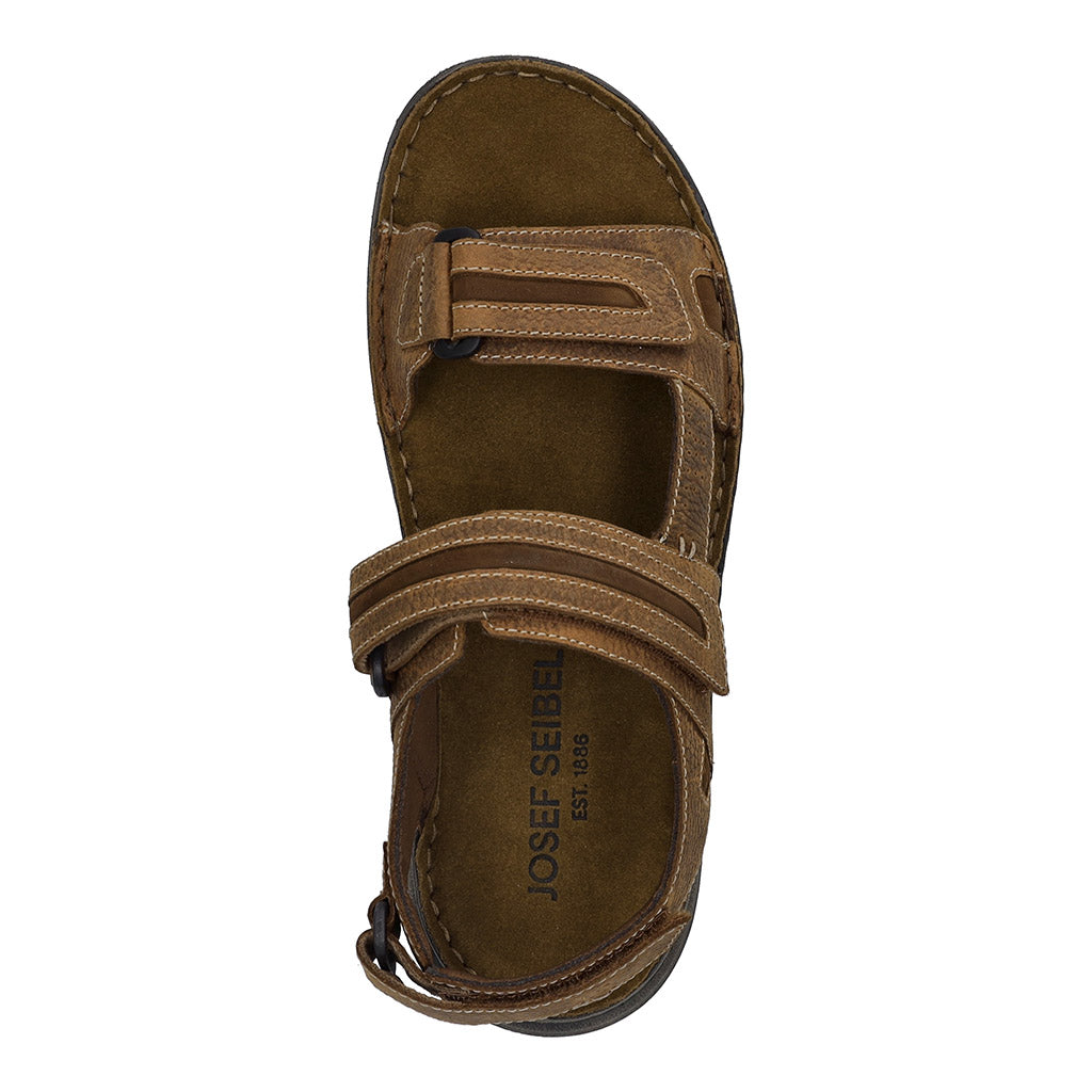 Josef Seibel Maverick 23 men's cognac leather sandals with arch support, touch fastening, and sandal design.