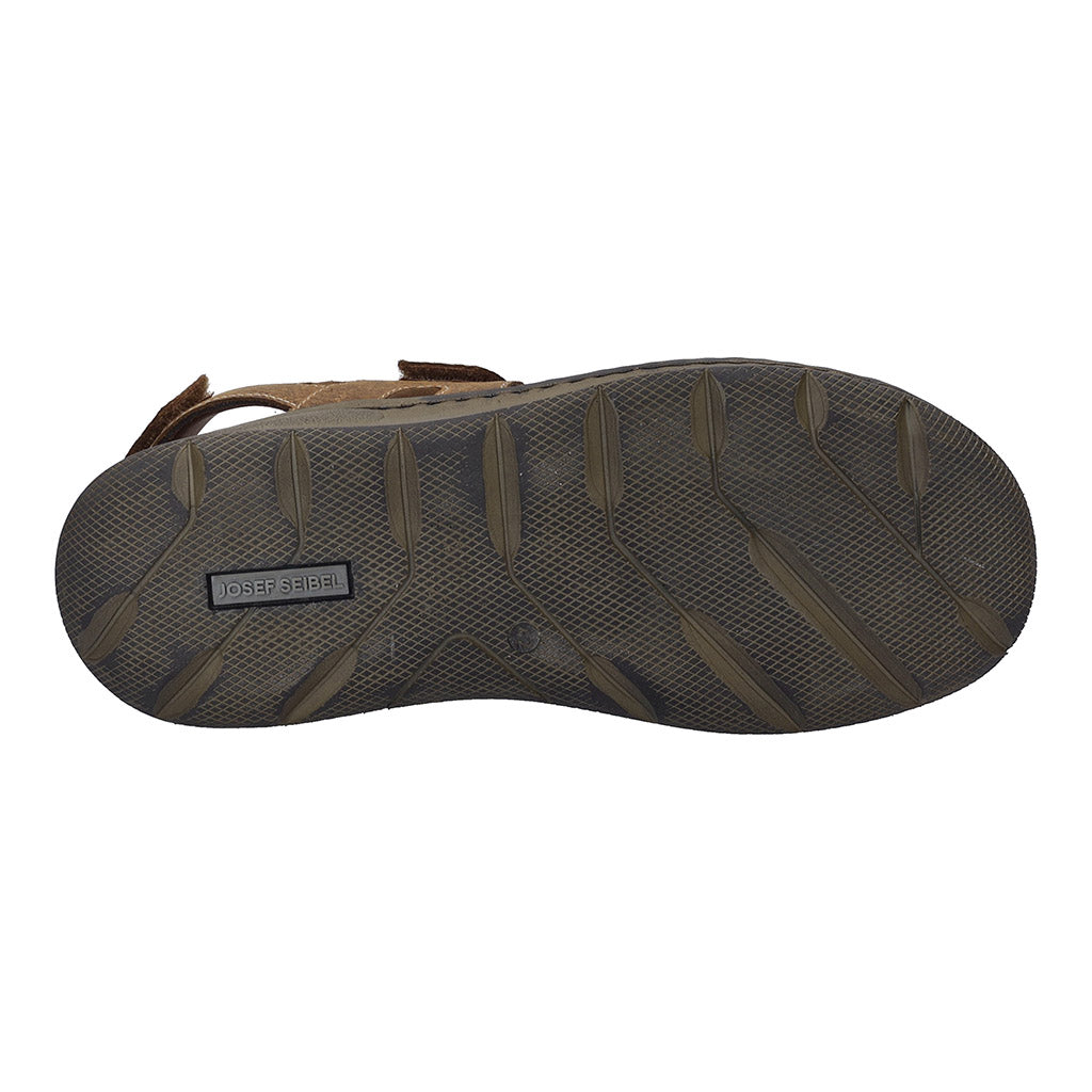 Josef Seibel Maverick 23 men's cognac leather sandals with touch fastening and arch support, outsole view showing traction pattern.