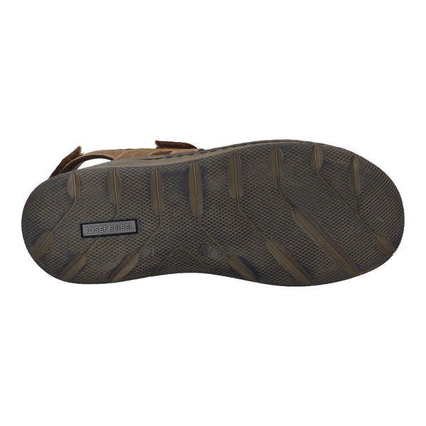 Josef Seibel Maverick 23 men's cognac leather sandals with touch fastening and arch support, outsole view showing traction pattern.