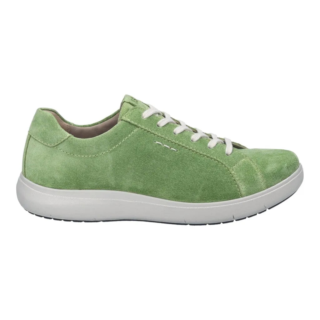 Josef Seibel Megan 07 women's green nubuck lace-up trainers with arch support and white rubber sole.