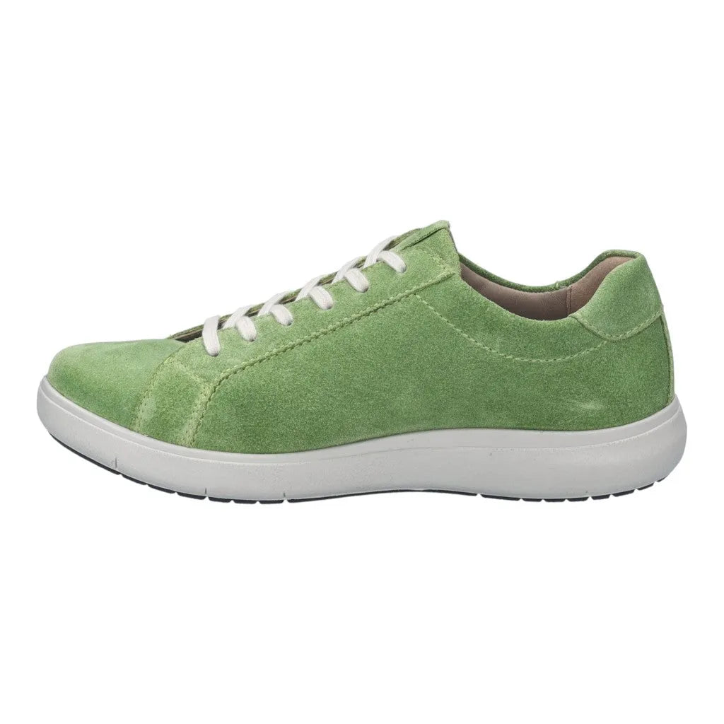 Josef Seibel Megan 07 women's green nubuck lace-up trainers with arch support and white sole.