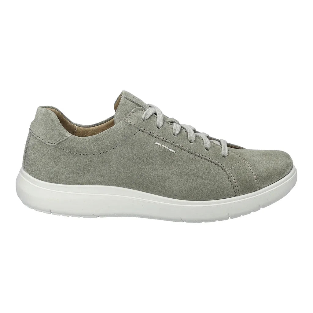 Josef Seibel Megan 07 women's reed green leather lace-up trainers with arch support and white rubber soles.
