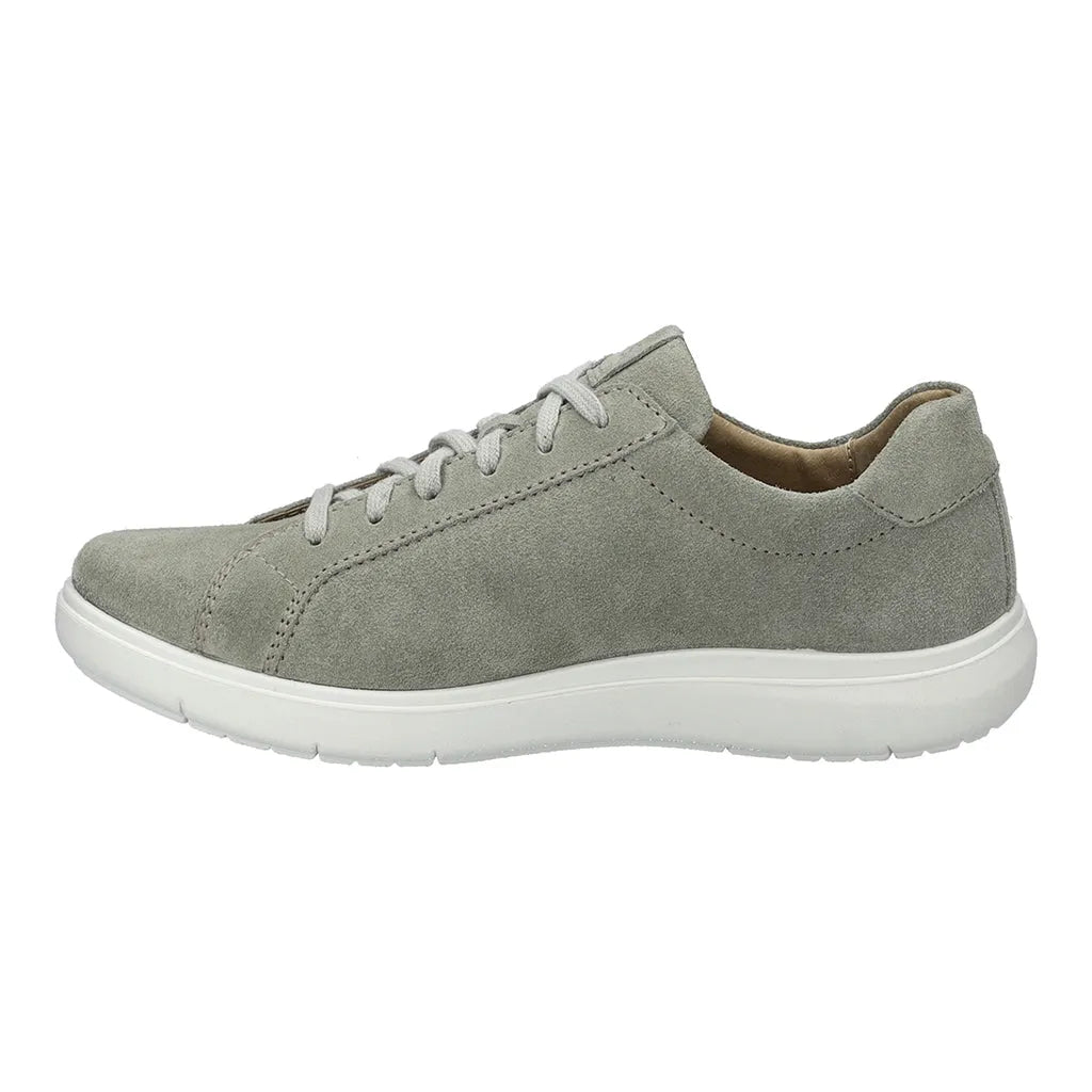 Josef Seibel Megan 07 ladies reed green leather lace-up trainers with arch support and white rubber sole.