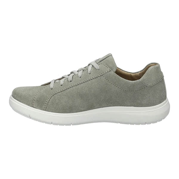 Josef Seibel Megan 07 ladies reed green leather lace-up trainers with arch support and white rubber sole.