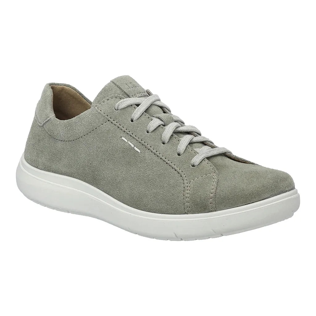 Josef Seibel Megan 07 women's green leather lace-up trainers with arch support and white rubber sole.