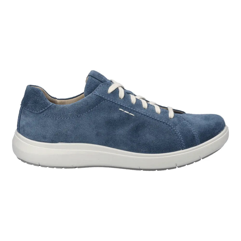 Josef Seibel Megan 07 ladies blue leather lace-up trainers with arch support and white rubber sole.