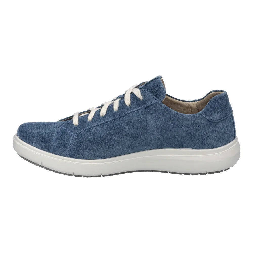 Josef Seibel Megan 07 Ladies Shark Blue Leather Lace-Up Trainers with arch support and casual style.