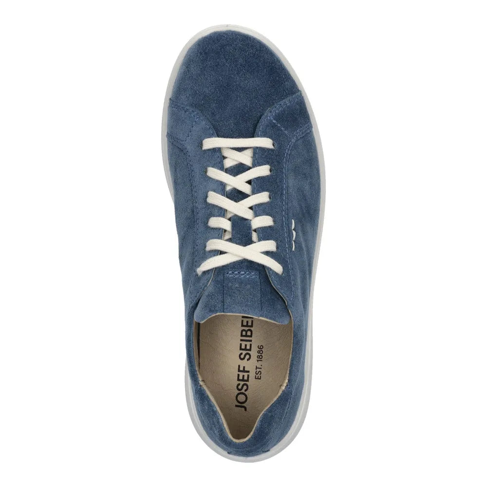 Josef Seibel Megan 07 ladies blue leather lace-up trainers with shark design, arch support, and white sole.