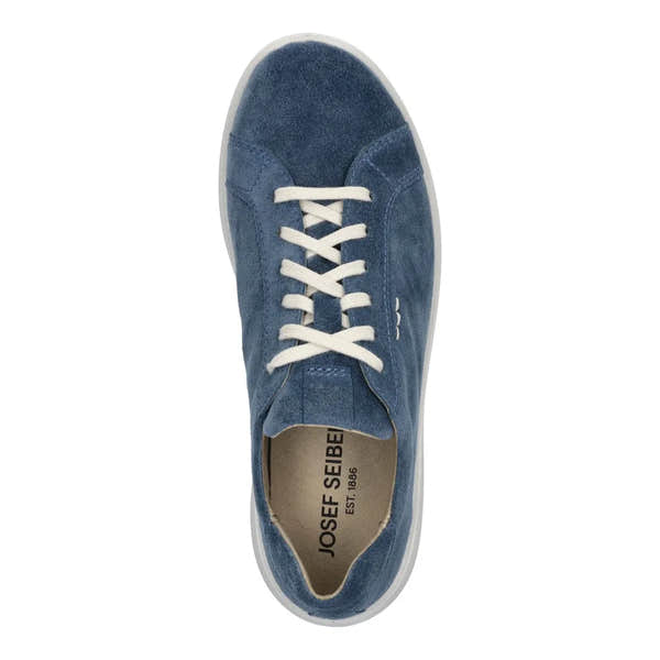 Josef Seibel Megan 07 ladies blue leather lace-up trainers with shark design, arch support, and white sole.