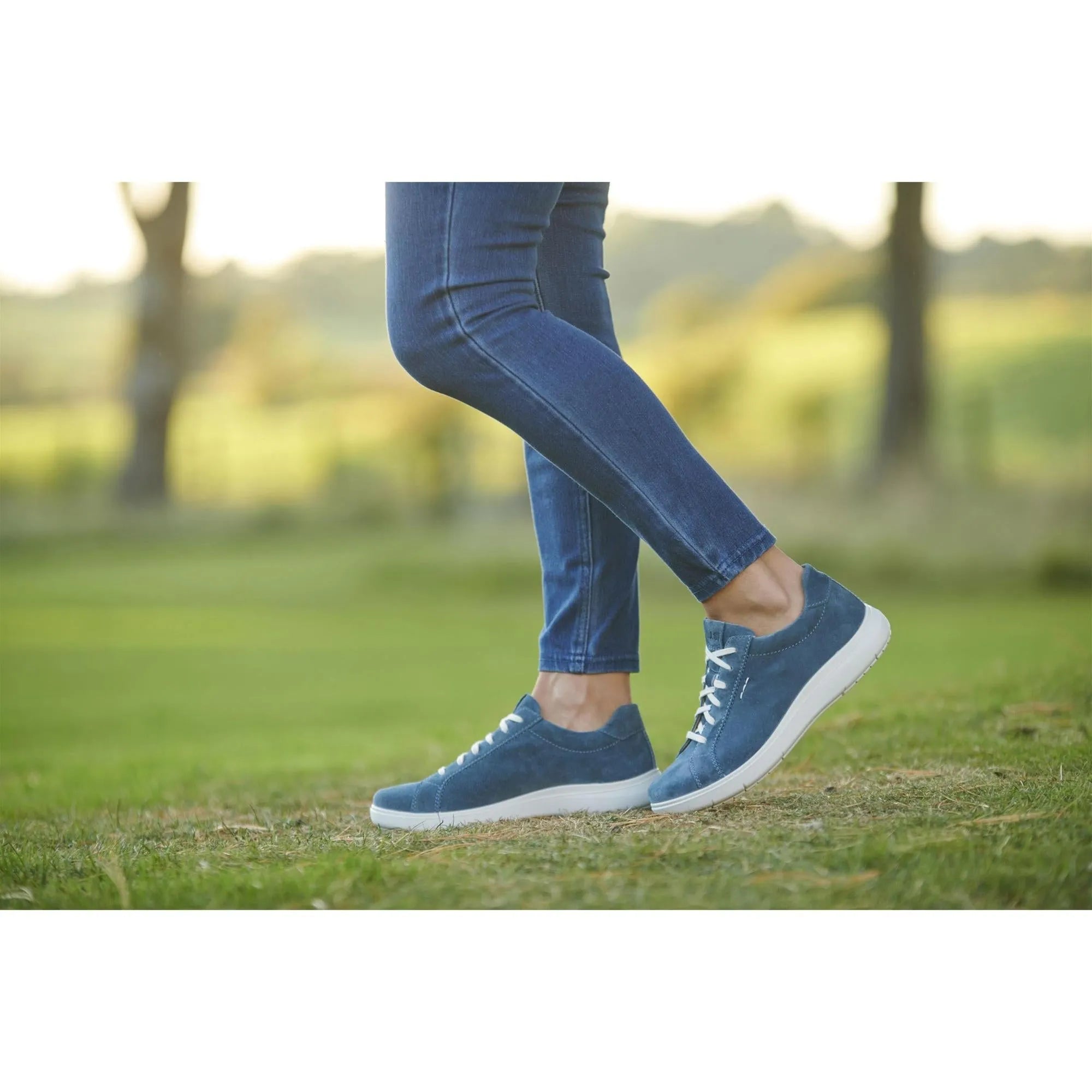 Josef Seibel Megan 07 Ladies Shark Blue Leather Lace-Up Trainers with arch support and casual style.