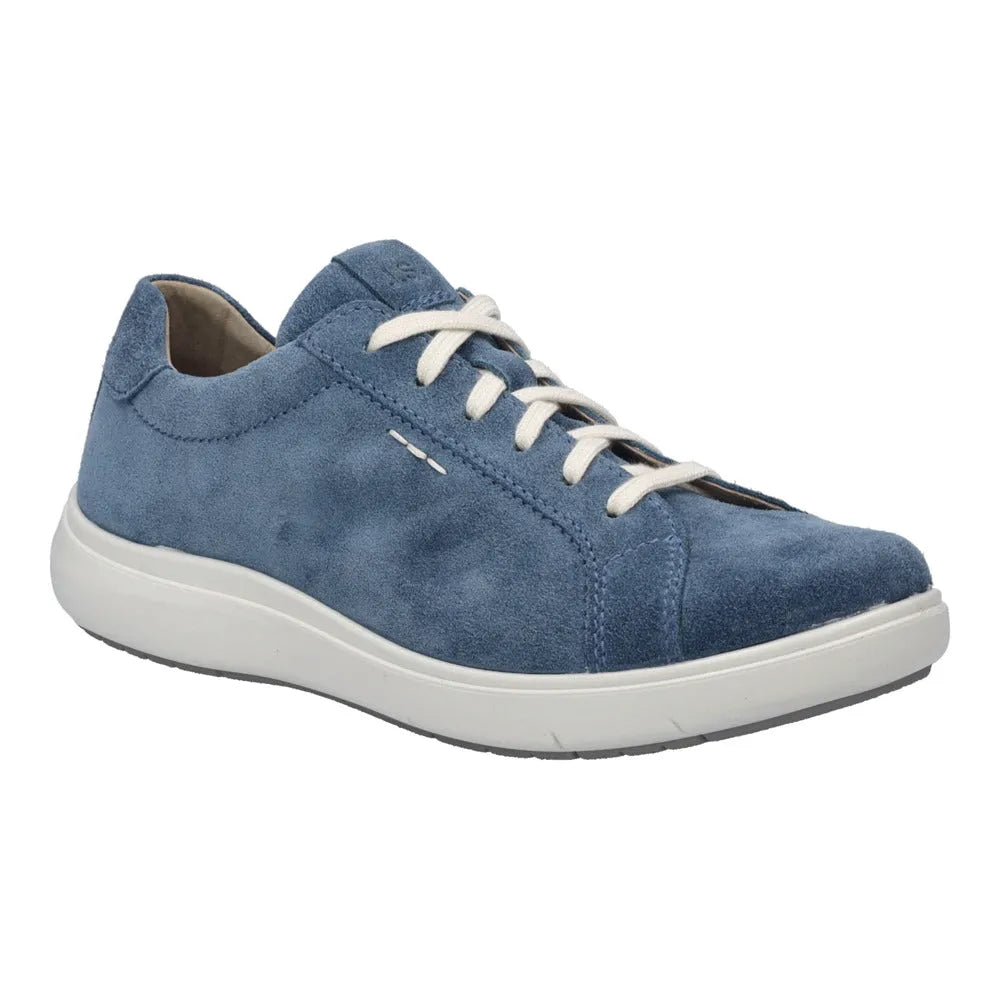 Josef Seibel Megan 07 ladies shark blue leather trainers with lace-up design and arch support.