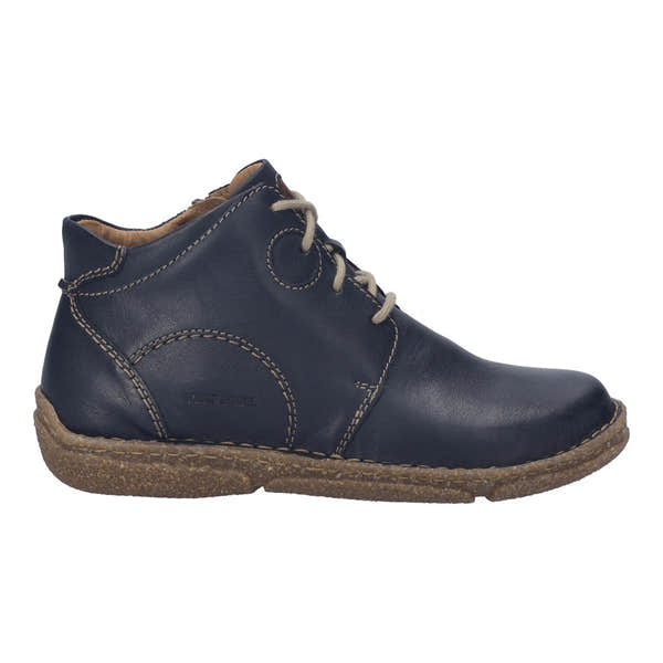 Josef Seibel Neele 46 women's navy leather ankle boots with zip and lace, arch support, and rugged rubber sole.