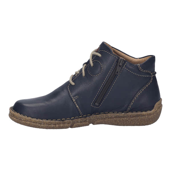 Josef Seibel Neele 46 women's ocean navy leather ankle boot with arch support, lace-up, side zipper, and rugged rubber sole.