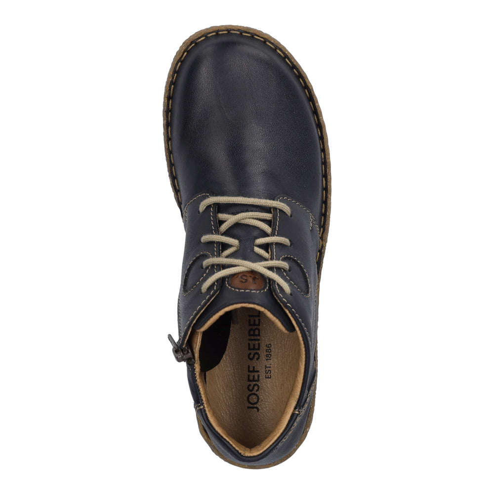 Josef Seibel Neele 46 Ladies Navy leather ankle boots with zip and lace-up closure, arch support, and cushioned interior.