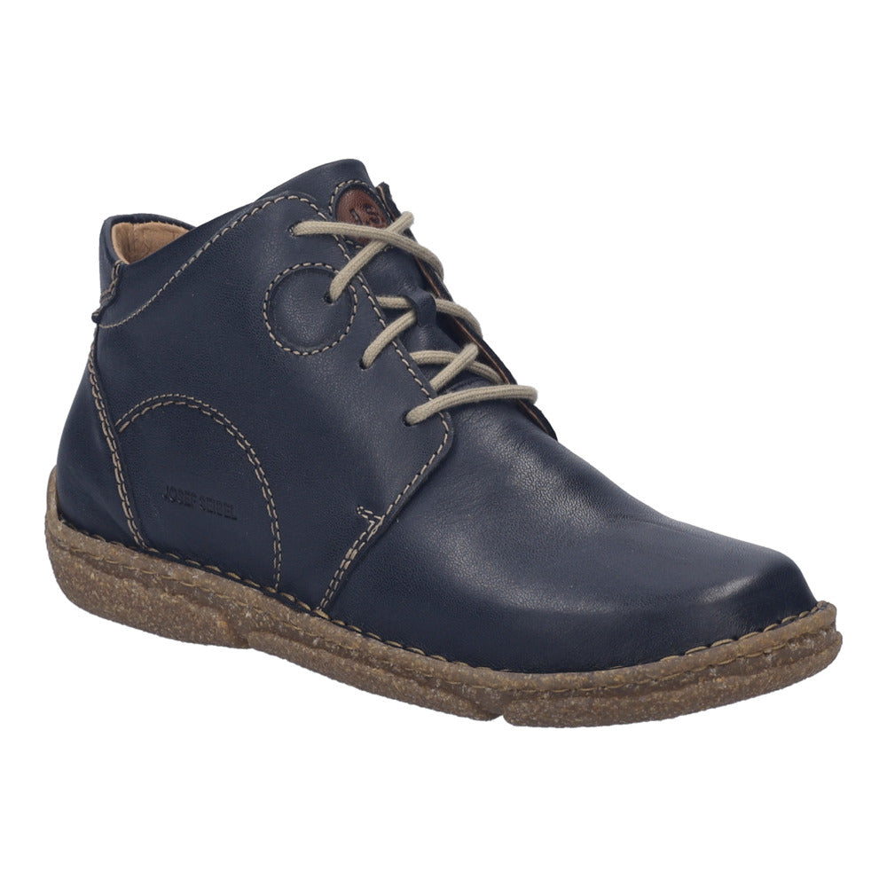 Josef Seibel Neele 46 Ladies Ocean Navy leather ankle boots with zip and lace-up, arch support, and a textured rubber sole.