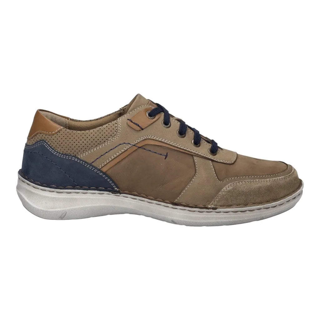 Josef Seibel New Anvers 10 men's wide Brasil multi leather lace-up shoes, tan, navy, perforated and stitched details, white sole.