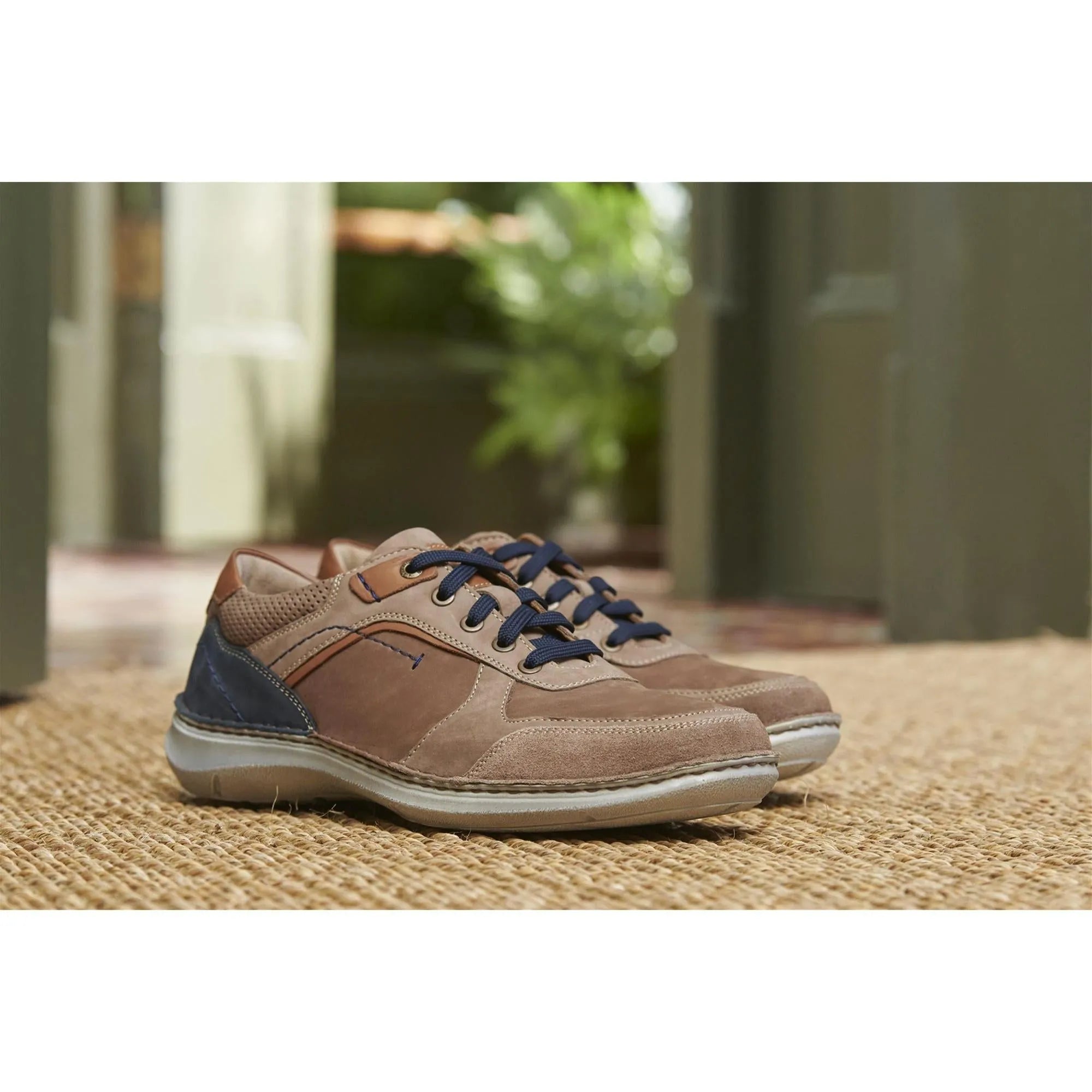 Josef Seibel New Anvers 10 men's wide Brasil multi leather lace-up shoes in beige, brown, and navy with a cushioned sole.
