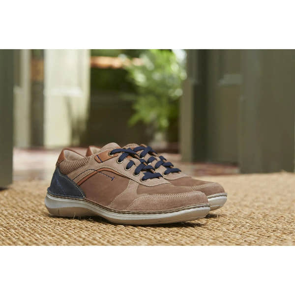 Josef Seibel New Anvers 10 men's wide Brasil multi leather lace-up shoes in beige, brown, and navy with a cushioned sole.