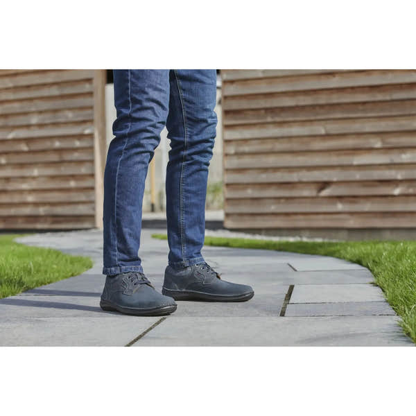 Josef Seibel New Anvers 36 men's wide fit indigo blue leather lace-up shoes on a tiled outdoor pathway.