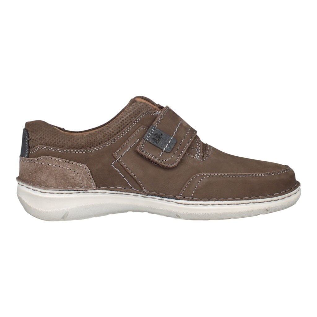 Josef Seibel men's wide espresso brown leather arch support touch fastening shoes with cushioned interior and white rubber sole.