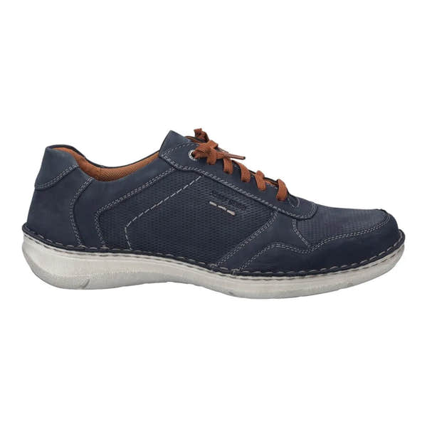 Josef Seibel men's wide indigo leather lace-up shoe with stitching, cushioned interior, and white rubber sole.