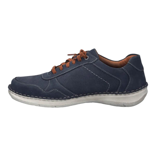 Josef Seibel New Anvers 97 men's wide indigo leather lace-up shoe with stitched accents and a white rubber sole.