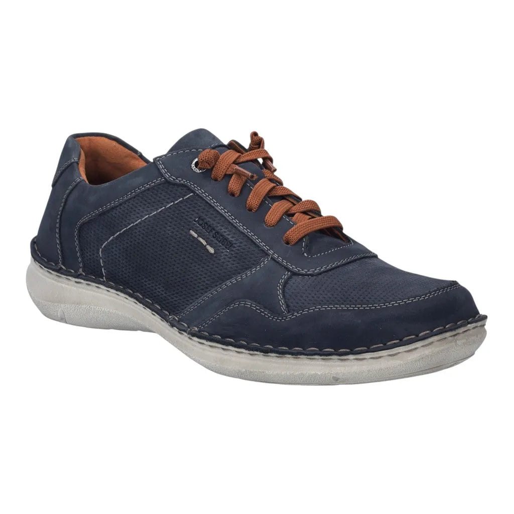 Josef Seibel New Anvers 97 men's wide indigo leather lace-up shoes with brown laces and white sole.