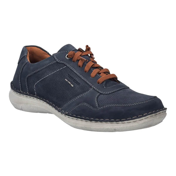 Josef Seibel New Anvers 97 men's wide indigo leather lace-up shoes with brown laces and white sole.
