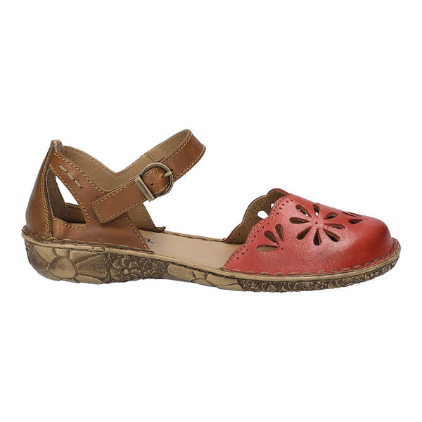 Josef Seibel Rosalie 04 women's red leather buckle ankle-strap shoes with cutout floral design and flexible textured sole.