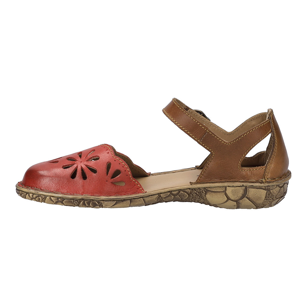 Josef Seibel Rosalie 04 women's red leather buckle-up casual sandals with cutout floral design and textured sole.