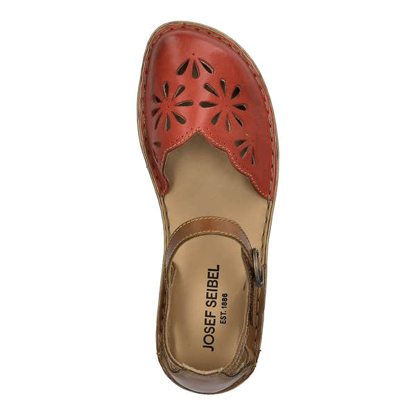 Josef Seibel Rosalie 04 women's red leather buckle shoes with cutout floral design and comfort fit.