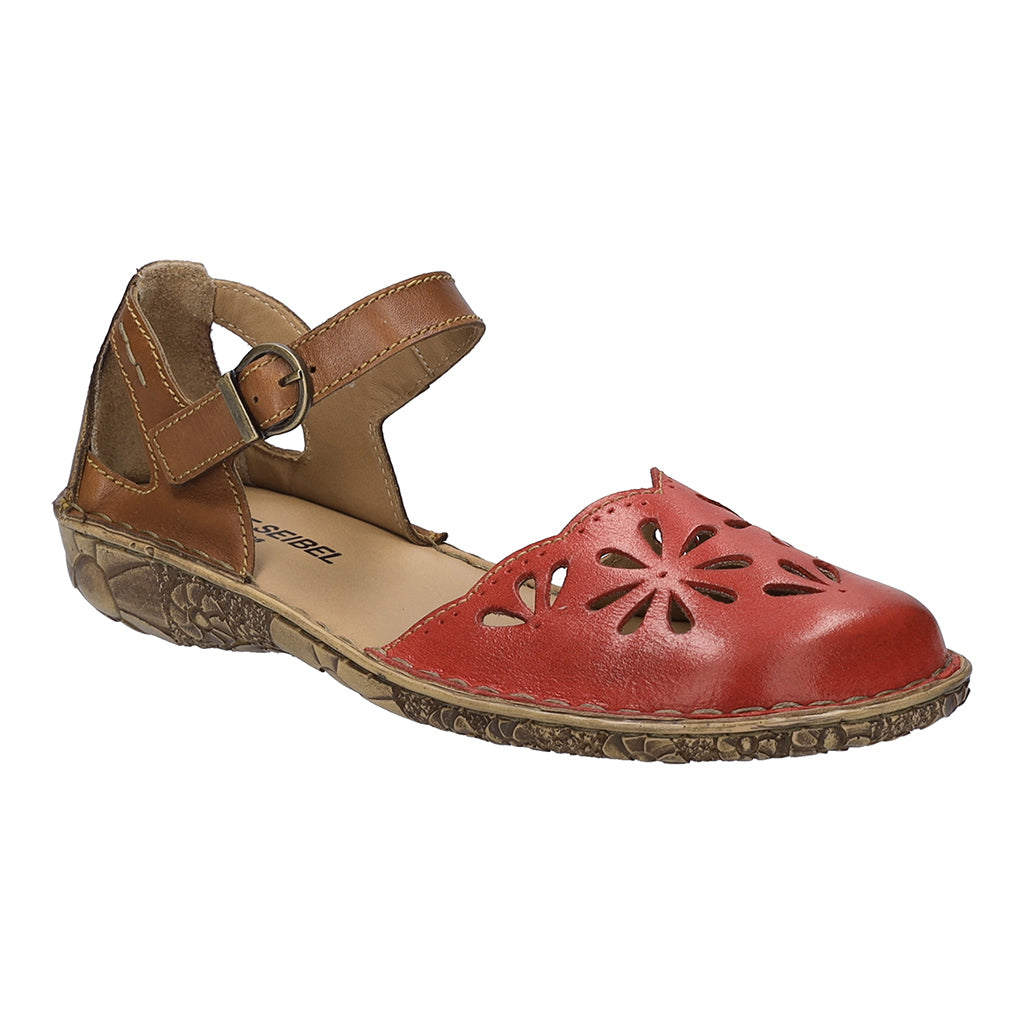 Josef Seibel Rosalie 04 ladies red leather buckle shoes with cut-out floral design, ankle strap, and cushioned sole.