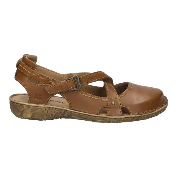 Josef Seibel Rosalie 13 women's cognac leather buckle sandal with open toe and textured rubber sole.